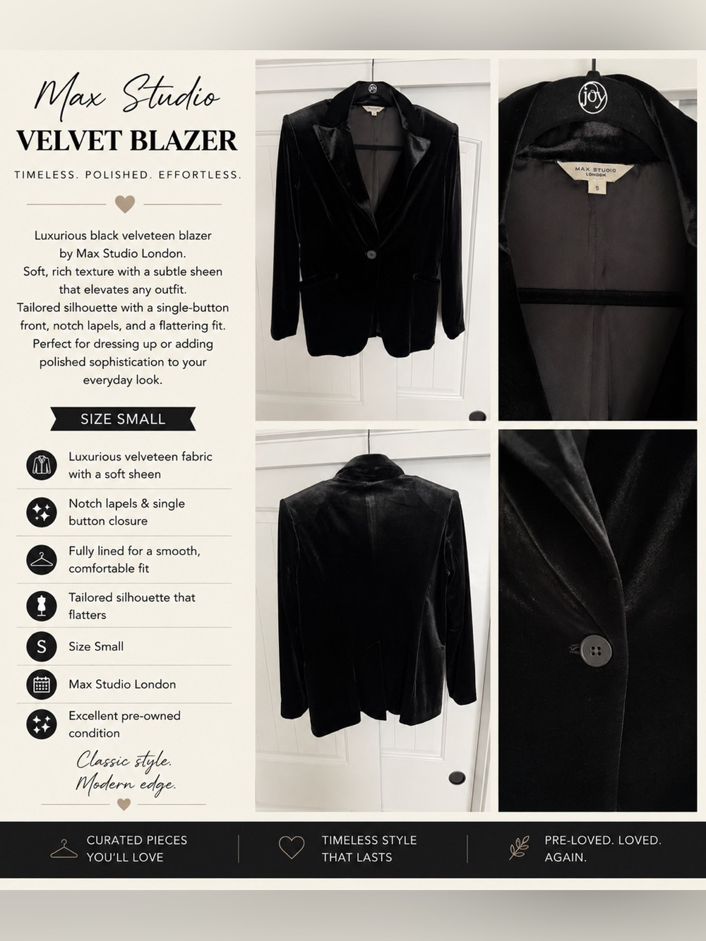 Max Studio London Black Velvet Blazer | Size S